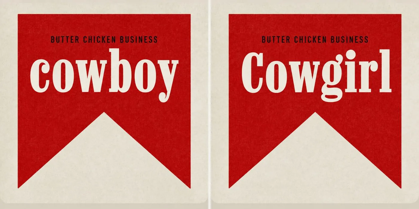 Two red chevron packs on cream: Butter Chicken Business cowboy, and Butter Chicken Business Cowgirl