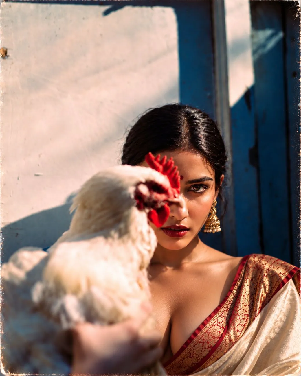 A woman in a cream and red silk saree, half her face hidden behind a white hen