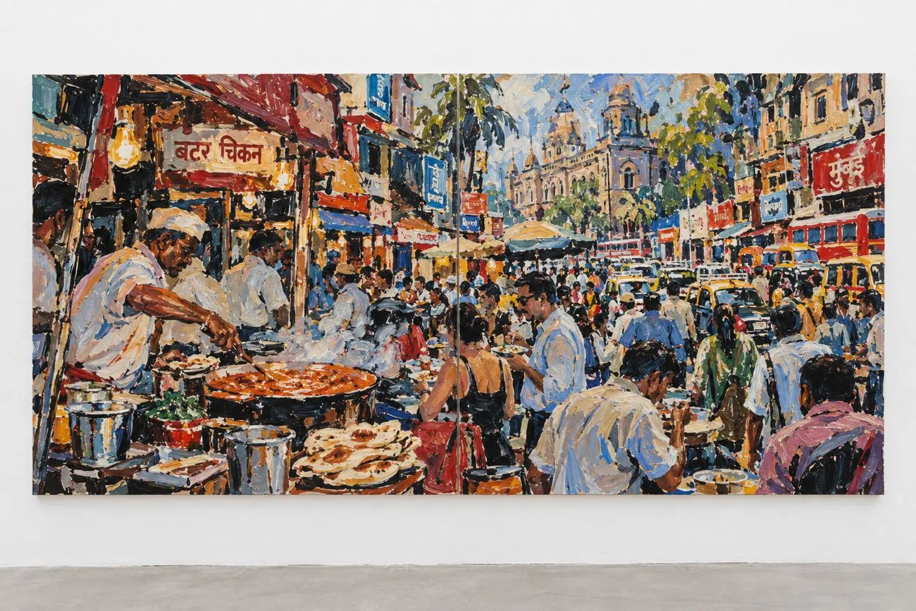 A large painting in a gallery of a crowded Indian street market with cooks and a butter chicken sign