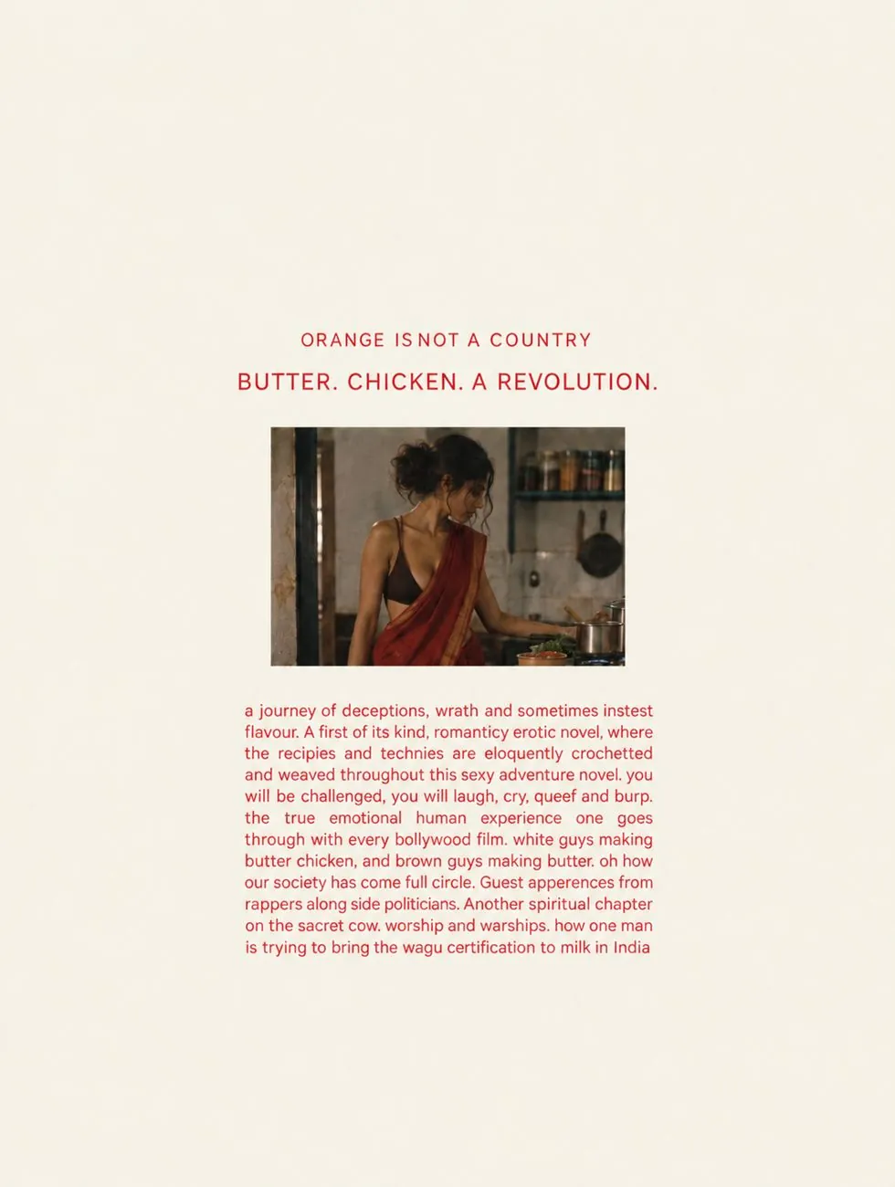 Page: Orange is not a country. Butter. Chicken. A revolution. A woman in a red sari cooking in a kitchen.