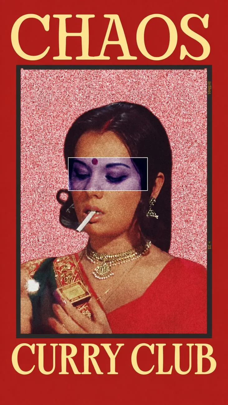 Chaos Curry Club poster: a woman in a red sari lighting a cigarette, eyes boxed in violet