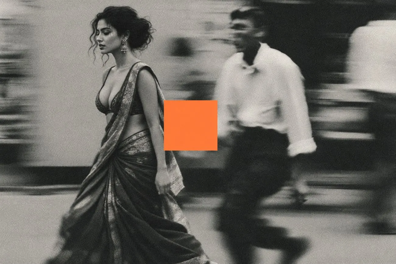 Black and white photo of a woman in a sari walking through a blurred crowd, an orange square placed over the frame