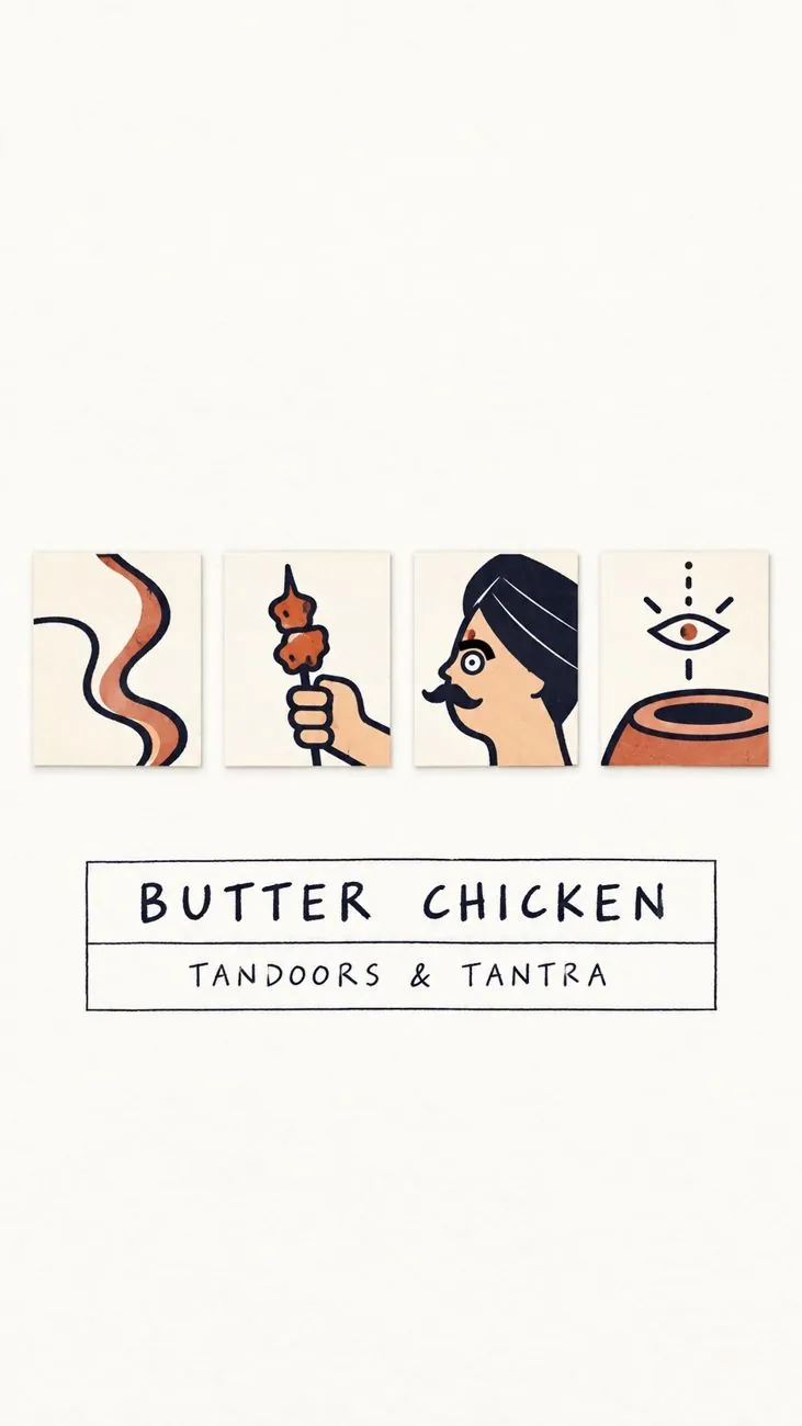 Illustration panels: smoke, a chicken skewer, a turbaned man in profile, an eye above a clay tandoor. Butter Chicken: Tandoors and Tantra.